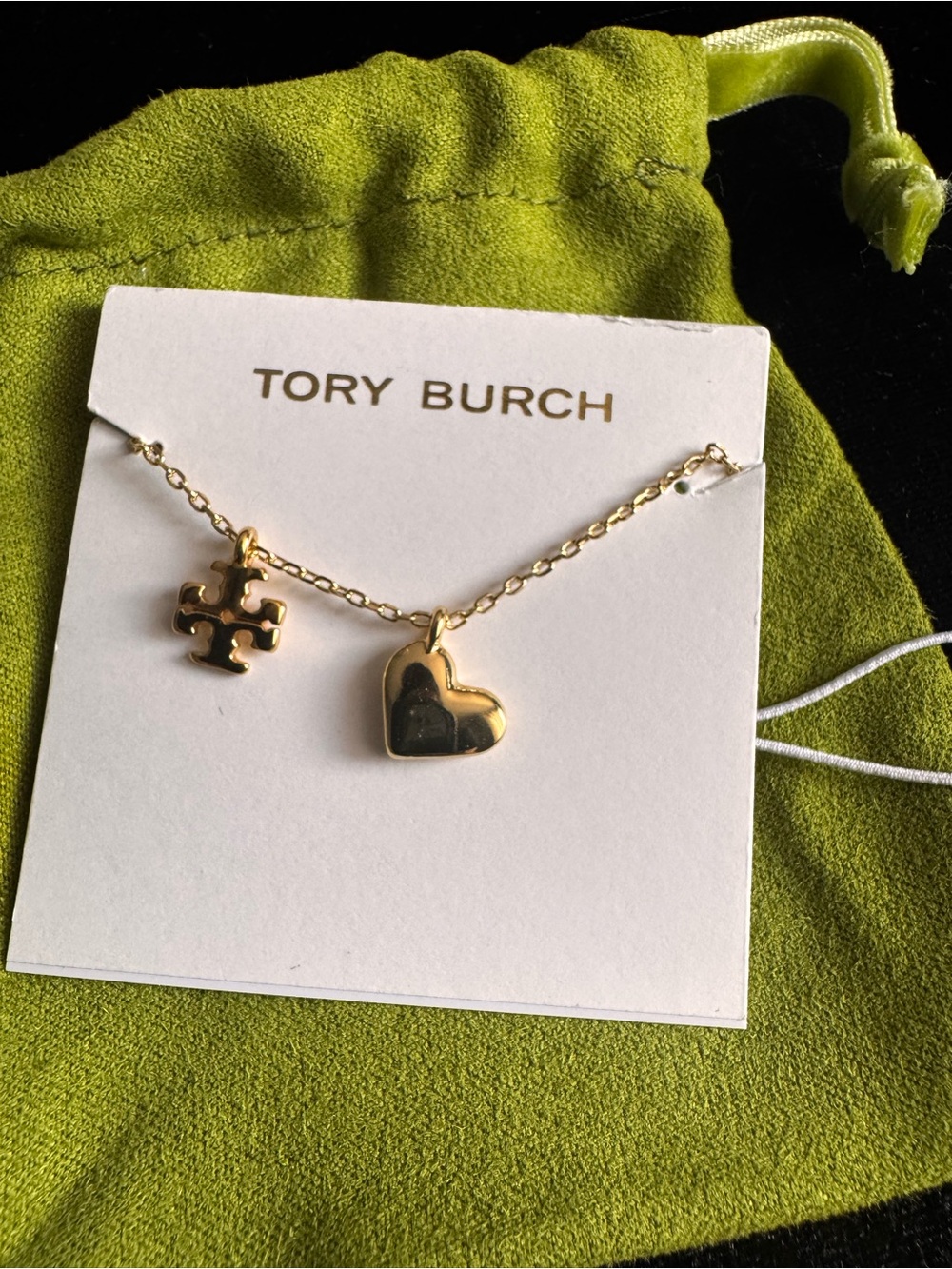 Tory Burch Gold Heart & Logo Drop Necklace